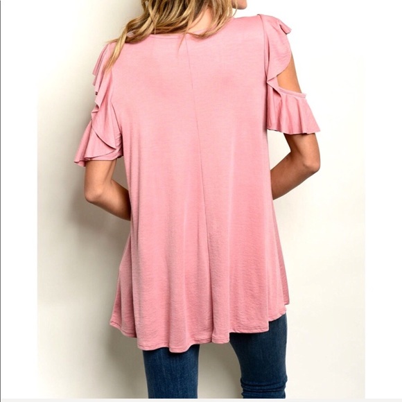 COLD SHOULDER RUFFLE SLEEVE LONGER STYLE TOP - Picture 2 of 4